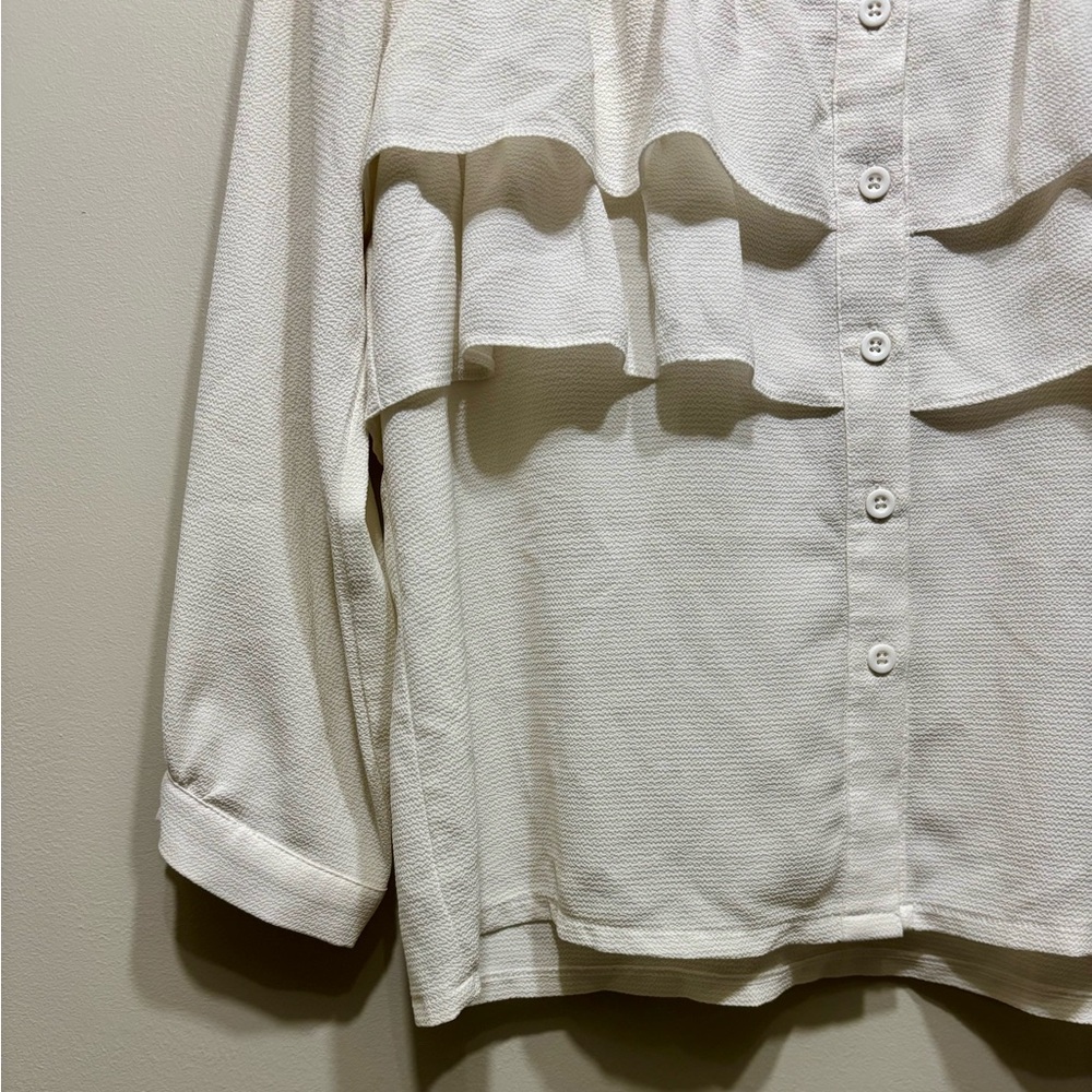 ✨$8 CLEAR-OUT✨ Miki Ruffle Long Sleeve Preppy Button Down Blouse Shirt Top White - Picture 3 of 7